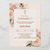 Ivory dusty rose florals First Communion rose gold Folie Uitnodiging (Voorkant)