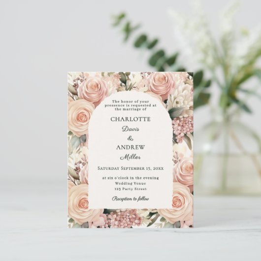 Ivory dusty rose mauve florals wedding invitation (Staand voorkant)