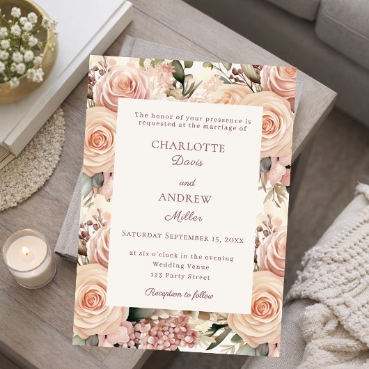 Ivory dusty rose mauve florals wedding kaart