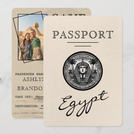 Ivory Egypt Passport Wedding Save the Date (Voorkant / Achterkant)