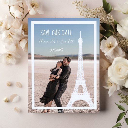 Ivory Eiffel Tower Photo Save Date Aankondiging