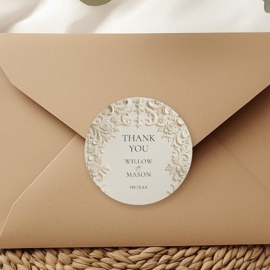 Ivory Elegant Embossed Thank You Wedding Ronde Sticker
