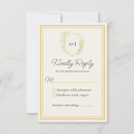 Ivory Elegant Floral Crest Monogram Formal Wedding RSVP Kaartje