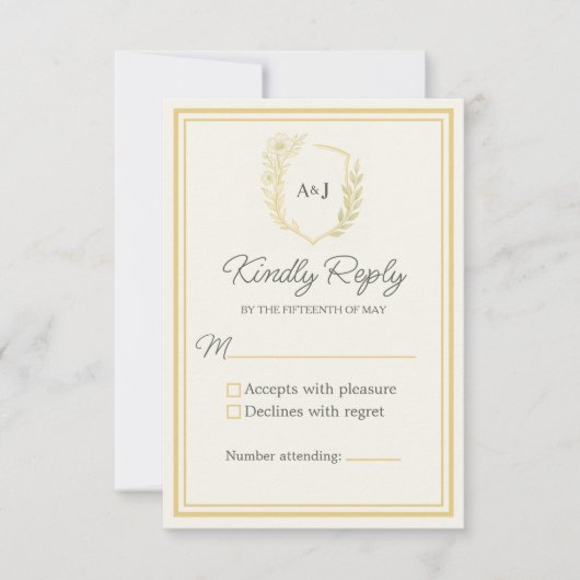 Ivory Elegant Floral Crest Monogram Formal Wedding RSVP Kaartje (Voorkant)