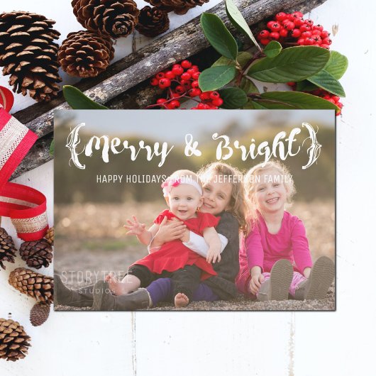 Ivory Elegant Sketched Merry & Bright Photo Feestdagenkaart