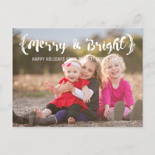 Ivory Elegant Sketched Merry & Bright Photo Feestdagenkaart (Voorkant)