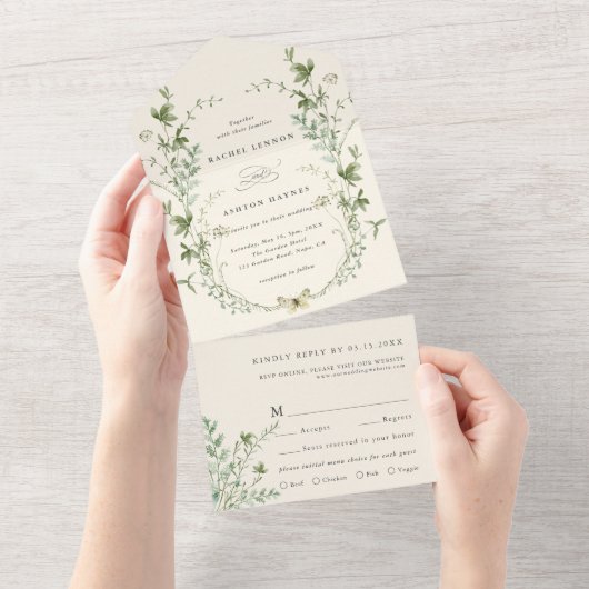Ivory Elegant Waterverf Wildflower Wedding All In One Uitnodiging (Afscheurbaar)