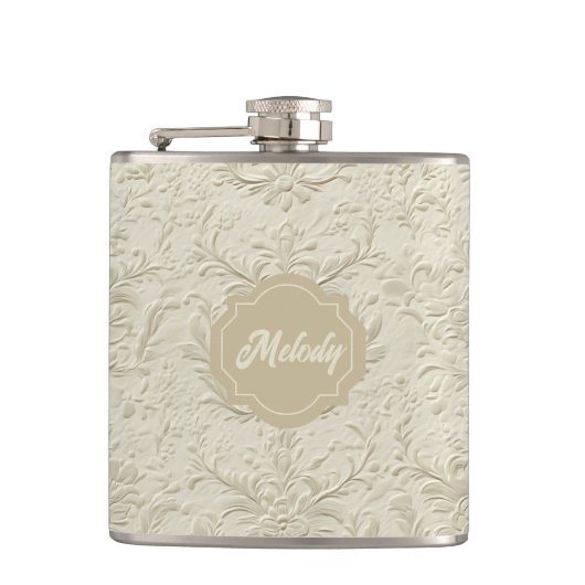 Ivory Embossed Floral Vinyl Wrapped Flask Heupfles (Voorkant)