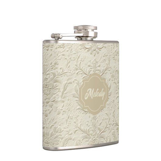 Ivory Embossed Floral Vinyl Wrapped Flask Heupfles (Rechts)