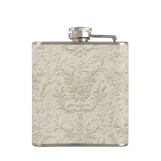 Ivory Embossed Floral Vinyl Wrapped Flask Heupfles (Achterkant)
