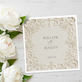 Ivory Embossed Scroll Floral Wedding Napkins Servet