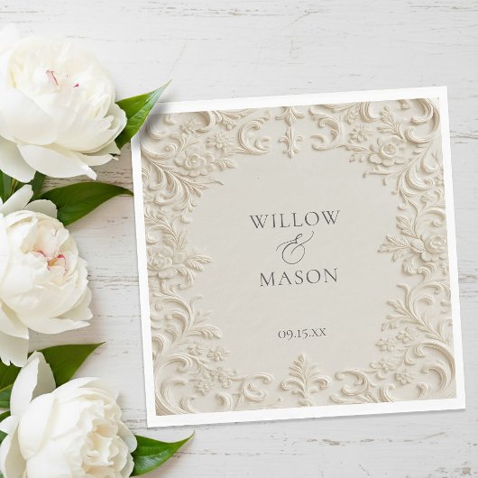 Ivory Embossed Scroll Floral Wedding Napkins Servet