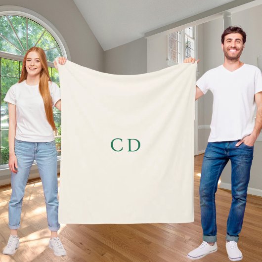 Ivory emerald green monogrammed initials modern fleece deken