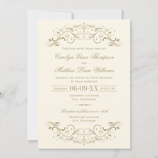  Ivory en Antiek Gold Vourish Wedding Kaart (Voorkant)