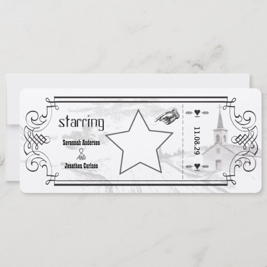 Ivory- en Black Chapel Ticket Wedding-uitnodiginge Kaart (Achterkant)