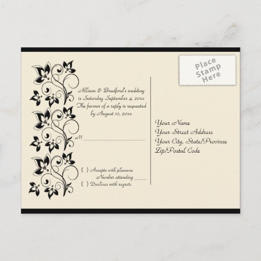 Ivory en Black Floral RSVP Briefkaart Alternate (Achterkant)