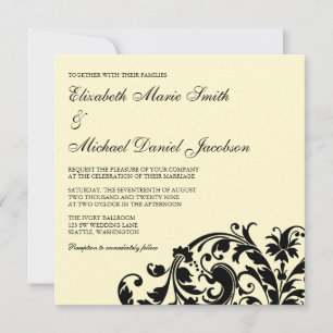 Ivory en Black Flourish Swirl Wedding Invitations Kaart