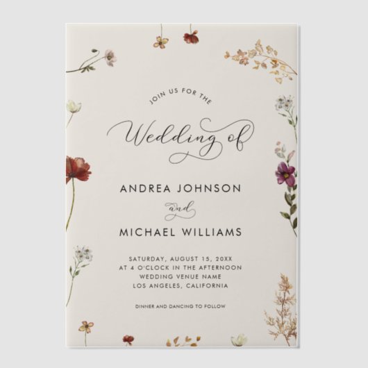 Ivory Fall Wildflowers Autumn Wedding Vellum Uitnodigingen (Voorkant)