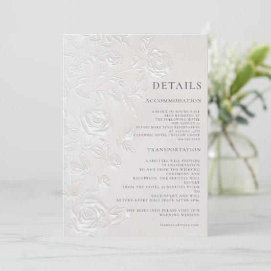 Ivory Faux Blind Embossed Arch Wedding Details Kaart (Staand voorkant)