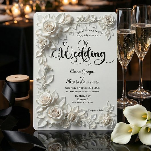 Ivory Faux Plaster Relief Roses Formal Wedding  Kaart