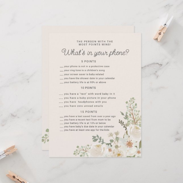 Ivory Floral Baby shower Telefoon Spel Kaart (Voorkant / Achterkant in situ)