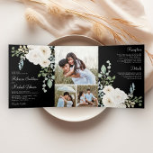Ivory Floral Black Photo Collage Wedding Drieluik Uitnodiging