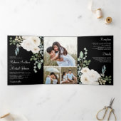 Ivory Floral Black Photo Collage Wedding Drieluik Uitnodiging (Binnen)