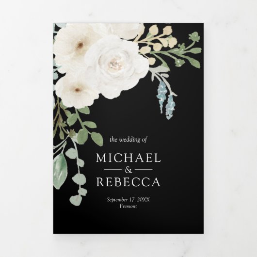 Ivory Floral Black Photo Collage Wedding Drieluik Uitnodiging (Cover)