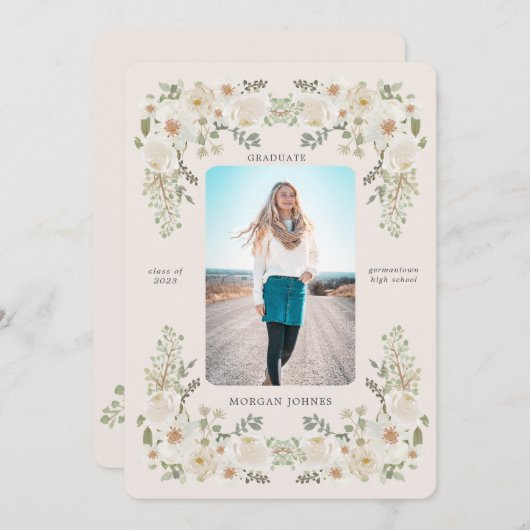 Ivory Floral Border Foto Afstuderen Aankondiging (Voorkant / Achterkant)