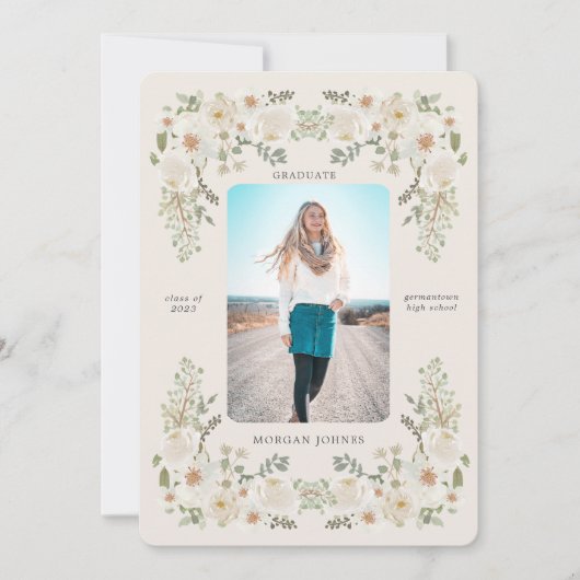 Ivory Floral Border Foto Afstuderen Aankondiging (Voorkant)