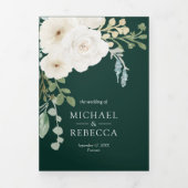 Ivory Floral Emerald Green Photo Collage Wedding Drieluik Uitnodiging (Cover)
