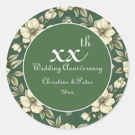 Ivory Floral en Smaragd Trouwdagjubileum Ronde Sticker (Voorkant)