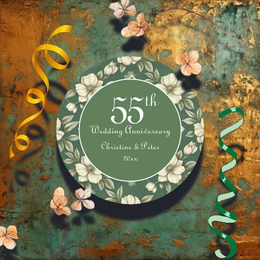 Ivory Floral en Smaragd Trouwdagjubileum Ronde Sticker