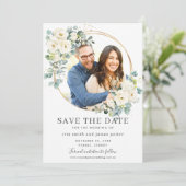 Ivory Floral Eucalyptus Photo Save the Date Kaart (Staand voorkant)