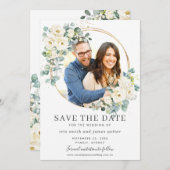 Ivory Floral Eucalyptus Photo Save the Date Kaart (Voorkant / Achterkant)