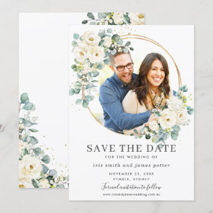Ivory Floral Eucalyptus Photo Save the Date Kaart