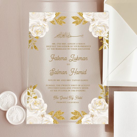  Ivory Floral Gold Glitter Islamic Muslim Wedding Acryl Uitnodigingen