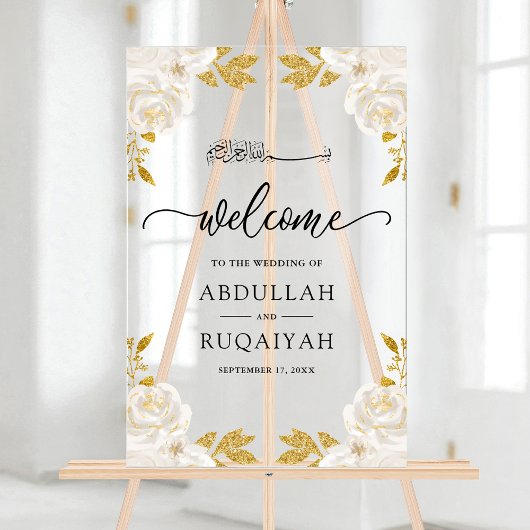  Ivory Floral Gold Muslim Wedding Welcome Acryl Bord