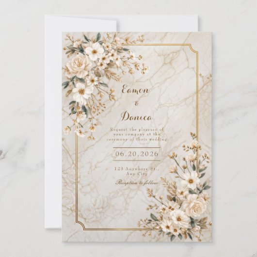 Ivory Floral Marble Gilded Frame Wedding Kaart (Voorkant)