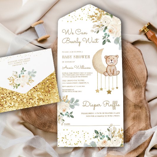 Ivory Floral Moon Cute Teddy Bear Baby shower All In One Uitnodiging