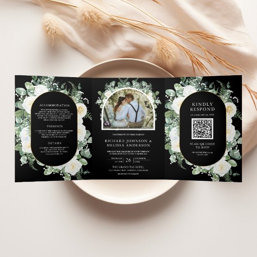 Ivory Floral Photo Black QR Code Wedding Drieluik Uitnodiging