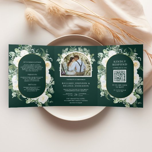Ivory Floral Photo Emerald Green QR Code Wedding Drieluik Uitnodiging