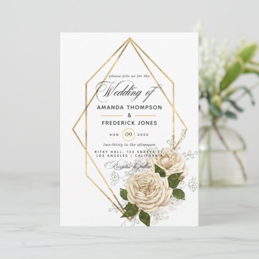 Ivory Floral Polygonal Rustic Wedding Kaart (Staand voorkant)