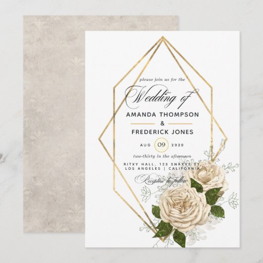 Ivory Floral Polygonal Rustic Wedding Kaart (Voorkant / Achterkant)