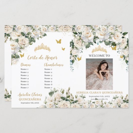 Ivory Floral Quinceanera Evenementenprogramma (Voorkant / Achterkant)
