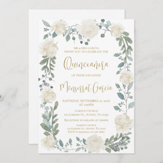 Ivory Floral Quinceñera Kaart (Voorkant / Achterkant)