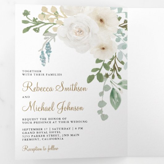 Ivory Floral Sage Green laat foto's bruiloft Drieluik Uitnodiging (Binnenzijde eerst)