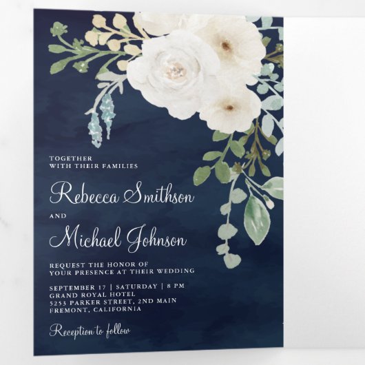 Ivory Floral Sage Green laat foto's marinevrouw Drieluik Uitnodiging (Binnenzijde eerst)