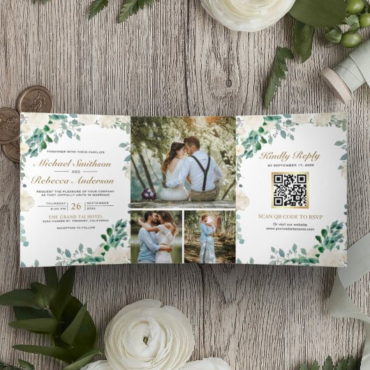 Ivory Floral Sage Green laat QR Code Weddenschap Drieluik Uitnodiging