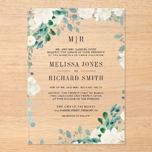 Ivory Floral Sage Green Leaves Wedding Acryl Uitnodigingen (Voorkant)